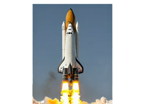 Space shuttle, white and black body, cockpit windows, engines at rear, metallic material, intricate details, launched on pad, smoke and flames beneath, cloudy blue sky background, dramatic lighting, l