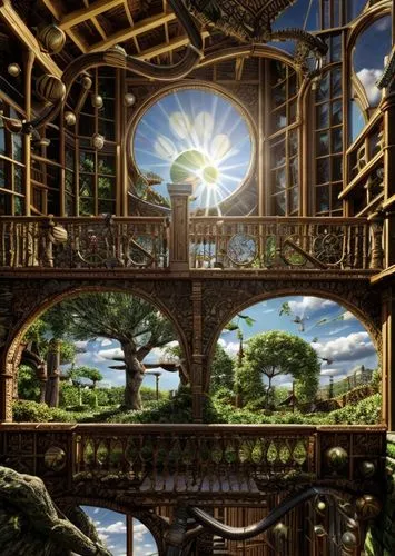 tree house hotel,tree house,treehouse,pergola,dandelion hall,studio ghibli,gazebo,sky apartment,fantasy world,roof landscape,fairy world,wooden construction,utopian,aviary,ginkaku-ji,bird kingdom,mirror house,stilt house,3d fantasy,greenhouse