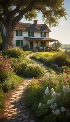 Rustic 1860s farmhouse, wooden structure, stone foundation, sloping roof, chimney, white walls, green shutters, vintage windows, flower boxes, overgrown gardens, wildflowers, old oak tree, lantern, gr