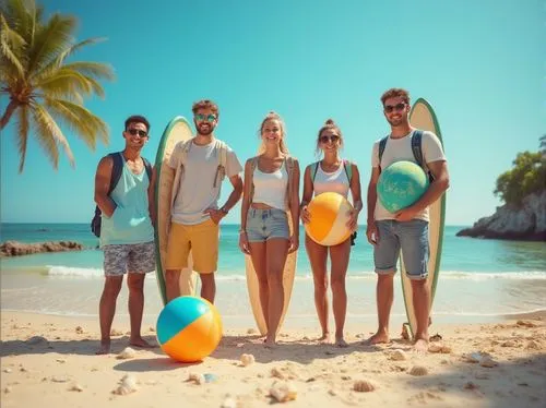 Successful university students, group of 5, standing, smiling, relaxed, casual wear, sunglasses, beach balls, surfboards, tropical plants, palm trees, clear blue sky, bright sunlight, warm sandy beach