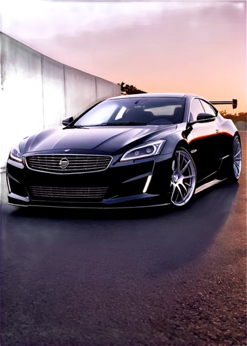 Luxury car, PMG edition, shiny black body, silver rims, sleek headlights, aggressive front bumper, sporty side skirts, rear spoiler, exhaust pipe, low stance, 3/4 composition, dramatic lighting, cinem