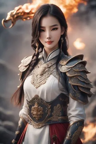 model headshot，Women's Fashion，
American Minimalism,asian art doll wearing armor with flames behind her,diaochan,qianwen,xiaoyan,xiaohua,yangmei,xianwen,Photography,Cinematic