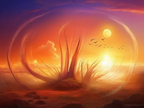 sunset at africa,fantasy landscape,mushroom landscape,alien planet,alien world,fantasy picture,gallifrey,futuristic landscape,world digital painting,dreamscape,exosphere,portals,bathysphere,lifeforms,