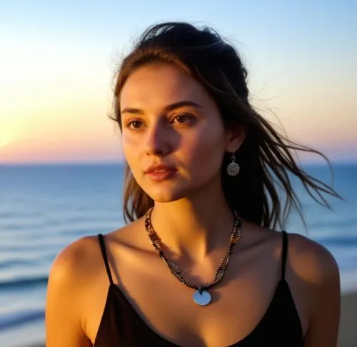 Same person wearing necklace and bracelets. She is walking into the sun set. she is a silloute shadow,a young woman in black tank top next to ocean,zhenya,dominika,azzurra,eleonora,malibu,anastasiadis