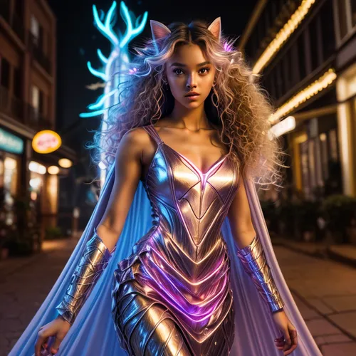 Curly long hair cat wavey wind dune genie pretty forest brown skin pretty girl neon light dress fairy lights romance  lightning powers princess neon rose light ballerina dress futuristic waterfall mag