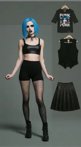 Paper doll 2d cartoon punk blue haired girl in black sleeveless shirt , black spandex shorts, complete full length fishnet and black punk knee Boots, standing surrounded by with a set of punk fashion 