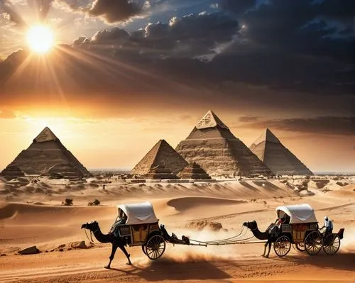 as the sun sets behind the pyramids of Giza, a sleek silver trade caravan looms over the arid desert. The caravan takes its last rung from the dirt, its wheels turning as it passes by the pyramids, se