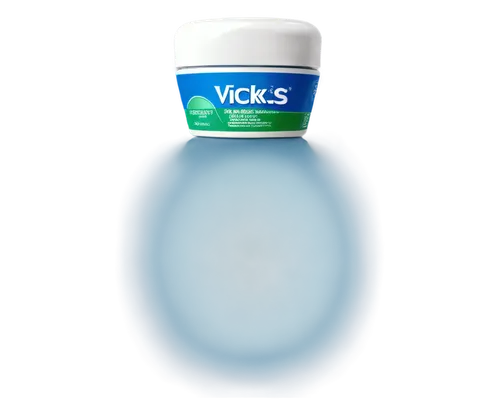 Vicks Vaporub, ointment bottle, blue color, rounded shape, white cap, label with text, reflective surface, detailed texture, 3/4 composition, softbox lighting, shallow depth of field, warm color tone.