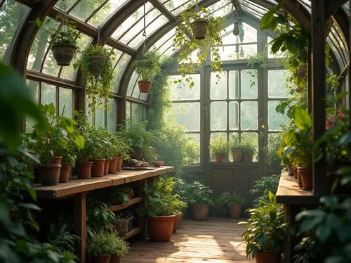 Greenhouse interior, lush green plants, bronze colored metallic framework, elegant curved lines, transparent glass roof, natural light pouring in, warm atmosphere, wooden benches, vintage gardening to