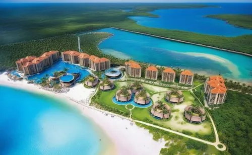 Make a masterplan for a turistic resort, hotel near the beach, caribbean style, use natural materials, the concept is beauty and fashion, make a tematic place. the sand and the water is in the top of 