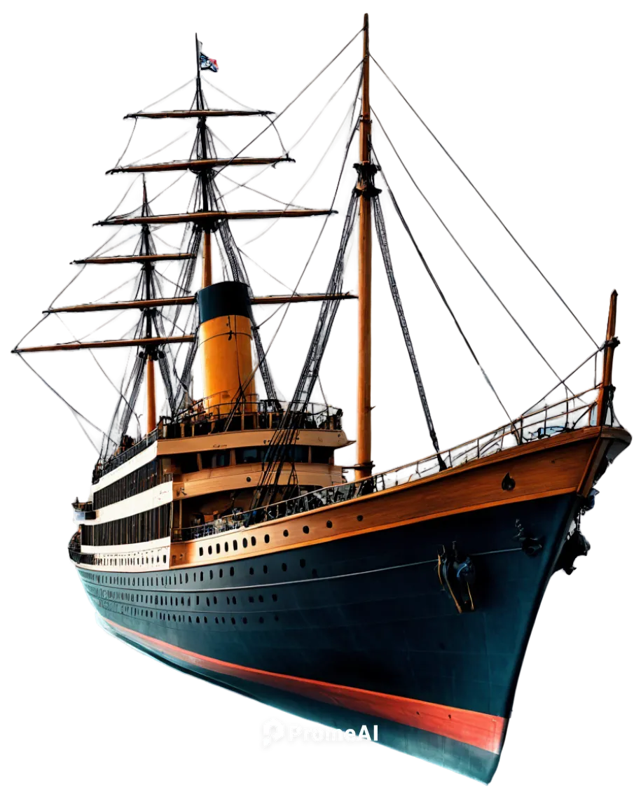 Titanic ship, transparent background, detailed rigging, majestic stern, massive propellers, intricate anchor, vintage lifeboats, luxury cabins, grand staircase, soft sunlight, misty atmosphere, cinema