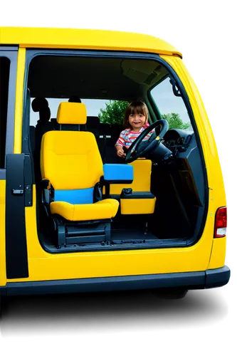 Yellow daycare van, front view, sliding side door open, cartoon style, happy children faces, colorful seats, safety belts, steering wheel, rearview mirror, shiny paint job, morning sunlight, 3/4 compo