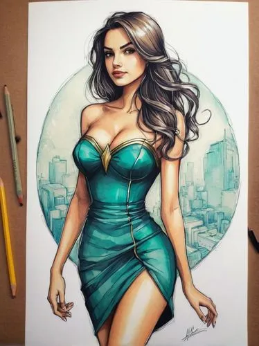 eldena,watercolor pin up,lotus art drawing,color pencils,esmeralda,colour pencils,megara,liliana,copic,mera,pencil color,green dress,coloured pencils,vergara,watercolor painting,colored pencils,color pencil,watercolor pencils,lumidee,nessa,Illustration,Realistic Fantasy,Realistic Fantasy 23