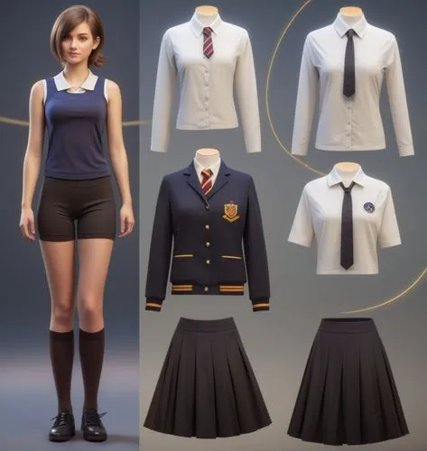 Paper doll British 16 year old schoolgirl in black sleeveless shirt ,black tight fit spandex shorts with black sock and black shoe standing surrounded by with a set of british school uniform, shirt, g