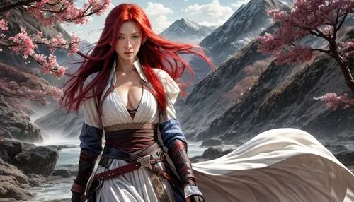 Red hair, blue eyes,,fantasy picture,fantasy art,female warrior,sorceress,fantasy woman,warrior woman,massively multiplayer online role-playing game,heroic fantasy,elven,the enchantress,background ima