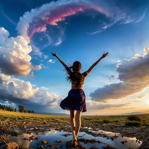 a woman dancing in the sun with a reflection on a dle,rainbow clouds,exhilaration,arms outstretched,leap for joy,cloud formation,exuberance