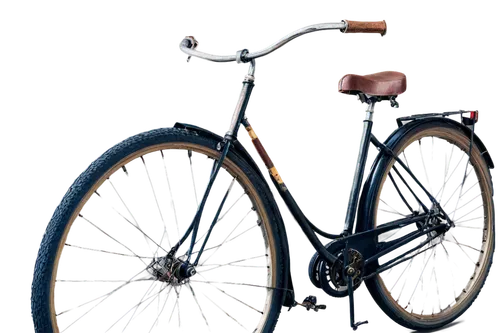 Vintage bicycle, old-fashioned cycle, single-seat, rusty metal frame, worn-out tires, ornate handlebars, leather saddle, morning sunlight, soft focus, shallow depth of field, warm color tone, 3/4 comp