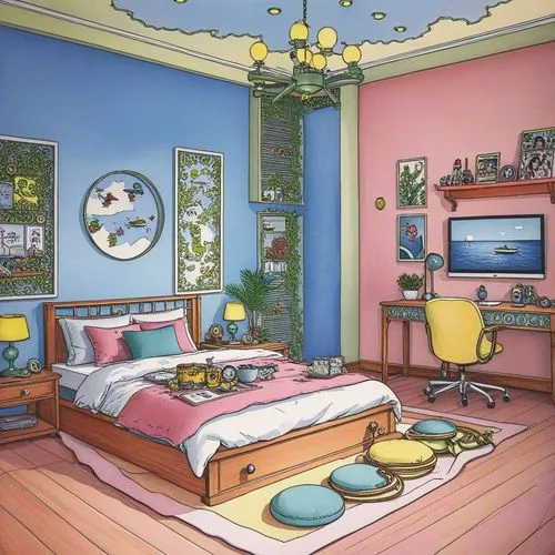 Whimsical Interior Design Illustration,the little girl's room,children's bedroom,bedrooms,kids room,sleeping room,roominess