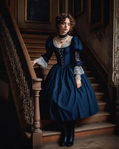 girl on the stairs,victorian fashion,victorian style,victorian lady,jane austen,cinderella,girl in a historic way,victorian,the victorian era,doll's house,mazarine blue,old elisabeth,gothic portrait,a girl in a dress,queen anne,doll dress,overskirt,mystical portrait of a girl,ball gown,royal blue,Illustration,Paper based,Paper Based 21