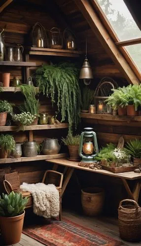 herbology,garden shed,houseplants,sunroom,inglenook,rustic aesthetic,roof landscape,house plants,attic,grass roof,wooden beams,farmstand,garden herbs,roof garden,plants in pots,wooden roof,rustic,greenhouse,potted plants,attics,Conceptual Art,Daily,Daily 16