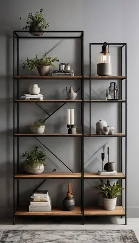 Modern architectural shelving unit, minimalist design, sleek metal frame, wooden or glass shelves, ornate brackets, industrial pipes, urban loft style, Scandinavian chic, floor-to-ceiling installation