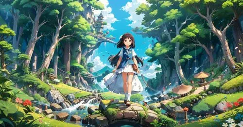 the girl is standing in the middle of a forest,arrietty,ghibli,studio ghibli,yazaki,fairy forest,fairy world,Anime,Anime,Traditional