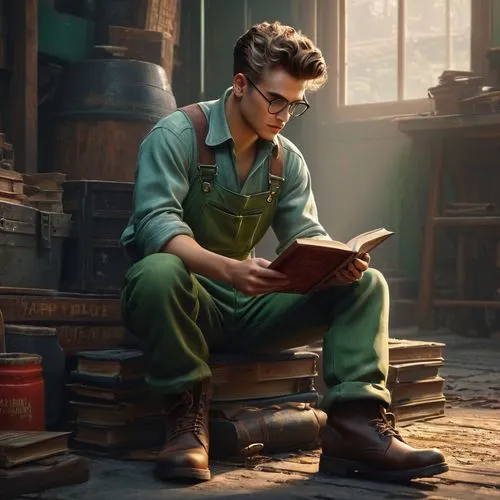 a highly detailed epic cinematic concept art CG render digital painting artwork costume design: young James Dean as a well-kept neat mechanic in 1950s USSR green dungarees and big boots, reading a boo