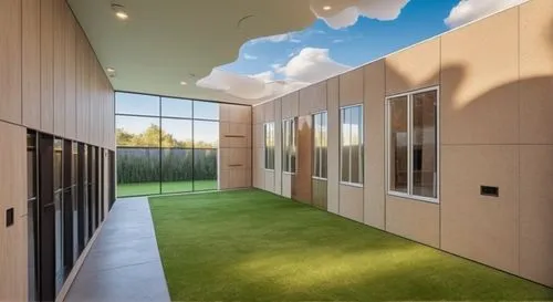 Dog playground. The floor is covered with grass and the ceiling has large glass windows that provide a view of the sky and clouds. There is a fence on the left wall and a window on the right wall. The