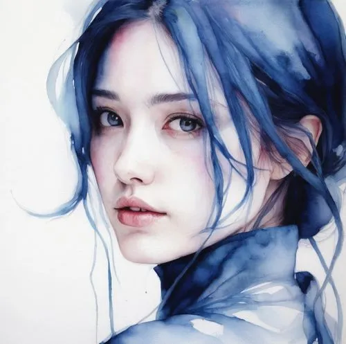 an artistic drawing of a young woman with blue hair,hoshihananomia,zuoying,jingna,watercolor blue,jianying,xuebing,Illustration,Paper based,Paper Based 20