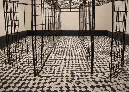 Write a suspenseful scene where a group of adventurers must navigate a treacherous dungeon filled with traps and a massive portcullis blocking their path.,checkered floor,kennel,escher,lattice,klaus r