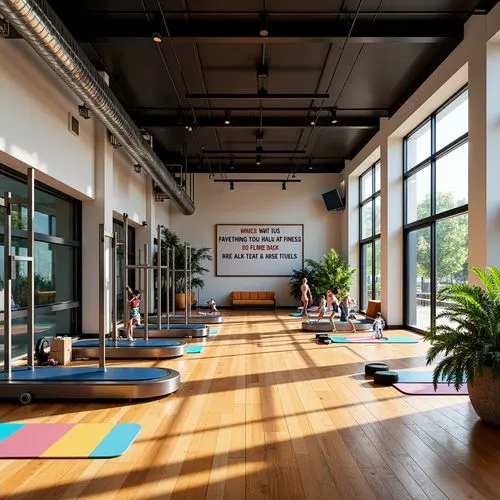 Vibrant fitness club, modern interior design, high ceilings, large windows, natural lighting, warm wood flooring, sleek metal equipment, colorful exercise mats, motivational quotes, energetic atmosphe