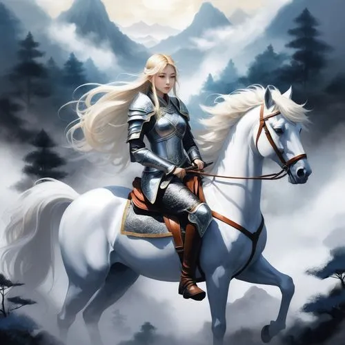 the female hero in shinning armor sit on the horse from heaven , her long blonde hair are spreading , behind hers is the forest of darkness,Female Knight 01,glorfindel,finrod,noldor,joan of arc,a whit