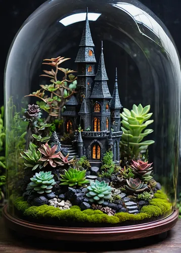 fairy house,terrarium,miniature house,fairy door,fairy village,tiny world,fairy tale castle,wishing well,snowglobes,witch's house,3d fantasy,snow globes,fairytale castle,studio ghibli,house in the forest,aquarium decor,fairy world,snow globe,diorama,insect house,Illustration,Realistic Fantasy,Realistic Fantasy 46