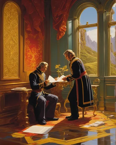 hans christian andersen,meticulous painting,chess game,monarchy,magistrate,courtship,wise men,council,church painting,the annunciation,exchange of ideas,game illustration,founding,mozartkugel,confer,benediction of god the father,court of law,priesthood,bach knights castle,academic dress,Conceptual Art,Sci-Fi,Sci-Fi 21