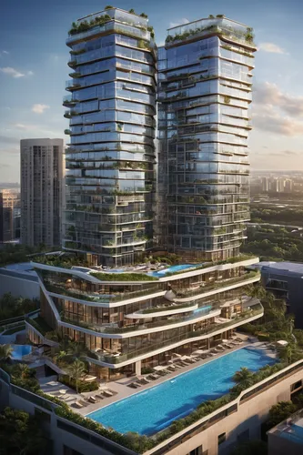 Two 14 stories, solor glass, renewable energies,  triangular outer buildings, one separate 14 stories octagonal center building, three pools, one rooftop deck pool, balconies on one building,,skyscape