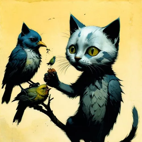 catbirds,familiars,vintage cats,cat sparrow,cat with eagle eyes,catclaw,Illustration,Realistic Fantasy,Realistic Fantasy 29