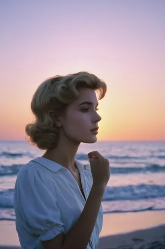 Produce a dreamy femboy video on a serene beach at sunset.,catherine deneuve,grace kelly,gena rolands-hollywood,eva saint marie-hollywood,ingrid bergman,marilyn monroe,malibu,marylin monroe,marylyn mo