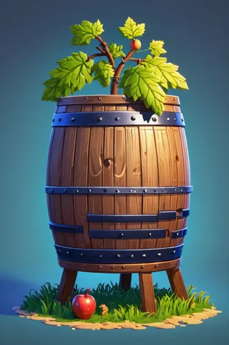 brewing keg, Stardew Valley, pixel art, wooden barrel, copper bands, farmhouse, rustic, artisan goods, pale ale, beer, wine, juice, hops, wheat, grapes, apples, oak resin, crafting, agriculture, game 