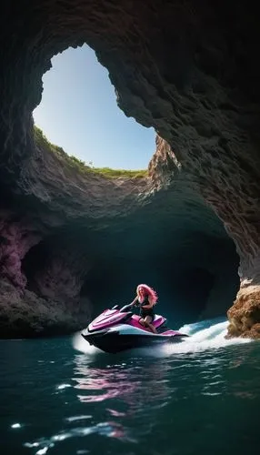 pink-hair fit woman, riding jet ski, huge chest, small waist, she has a long and curly hair, ((tight in a cave crevice)) illuminated by natural light. Shot with a Zeiss Otus 55 mm lens F/1.4, very det