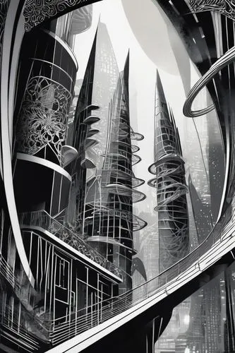 arcology,futuristic architecture,futuristic landscape,undercity,cybercity,homeworlds,sci fiction illustration,black city,megastructures,metropolis,technosphere,primosphere,ringworld,oscorp,citadels,coruscant,quatermass,stargates,megastructure,scifi,Illustration,Black and White,Black and White 11