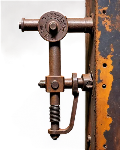 Iron pics, metallic surface, rusty texture, old machinery, industrial theme, detailed bolts, worn-out handle, reflective metal, soft focus, warm color tone, 3/4 composition, cinematic lighting, shallo