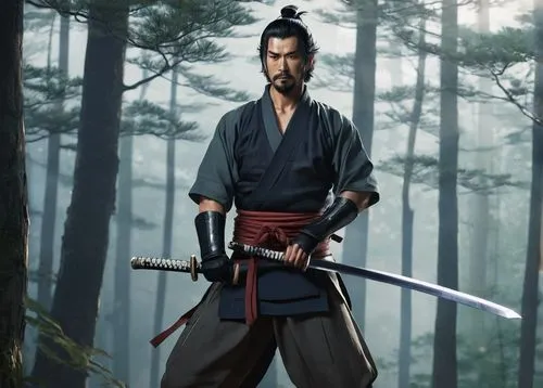 Muscular man, Suzuya Juuzou, Japanese, samurai, serious facial expression, short black hair, sharp eyes, beard, traditional armor, katana sword, scabbard, worn gloves, standing, heroic pose, misty for