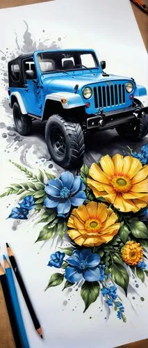 flower painting,car drawing,jeep wrangler,jeep cherokee,jeep,jeep wagoneer,flower art,flower car,jeep gladiator rubicon,jeep gladiator,jeep rubicon,flower drawing,chalk drawing,coloring picture,sunflower coloring,automotive decal,jeep cj,blue painting,watercolor painting,jeep cherokee (xj),Conceptual Art,Fantasy,Fantasy 03
