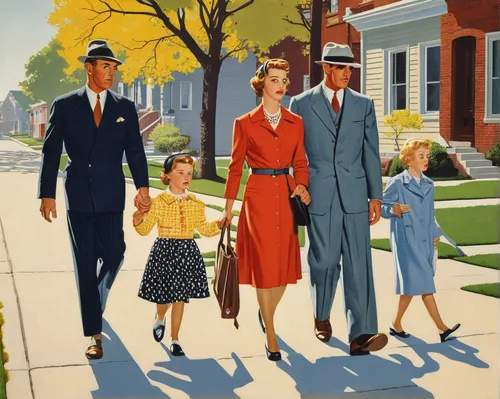 1940 women,parents with children,1950s,mulberry family,walk with the children,vintage 1950s,magnolia family,dogwood family,1955 montclair,pedestrians,1940s,birch family,1950's,grant wood,mahogany family,hemp family,model years 1958 to 1967,years 1956-1959,ivy family,barberry family,Illustration,Retro,Retro 15