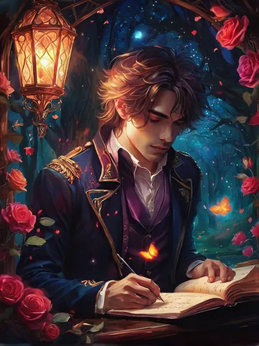 persian poet,fantasy portrait,poet,romantic portrait,cg artwork,tutor,scholar,vanitas,art bard,author,french digital background,a letter,violet evergarden,reading,romantic rose,valentin,magician,writing-book,magic book,love letter,Illustration,Realistic Fantasy,Realistic Fantasy 37