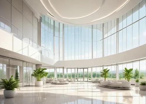 Modern hospital building, futuristic architecture, sleek lines, angular structure, large glass windows, silver metallic frames, white walls with subtle texture, intricate LED lighting system, grand en