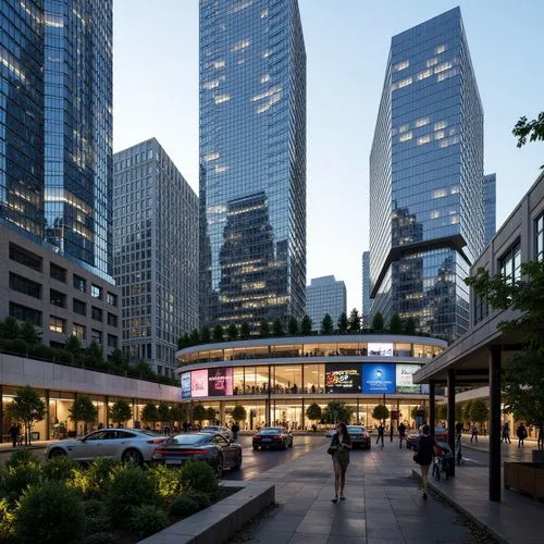 Futuristic cityscape, curved metallic skyscrapers, iridescent glass facades, solar panels, wind turbines, green roofs, eco-friendly materials, vertical farming systems, hydroponic gardens, sustainable