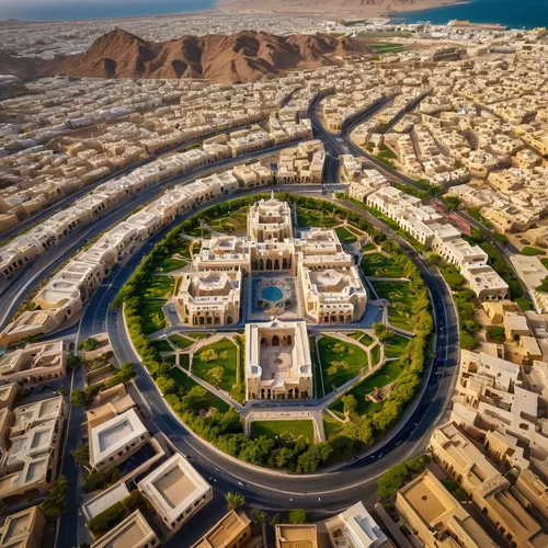 planned cityscape blends architecture and nature harmoniously, creating a visually striking and organized environment in al khuwair downtown muscat oman.,oman,united arab emirates,uae,sharjah,qasr al 