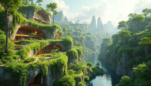 rivendell,ecotopia,futuristic landscape,kashyyyk,terraformed,fantasy landscape,karst landscape,elves country,yavin,ancient city,riftwar,green valley,naboo,building valley,ravines,shaoming,canyon,skylands,citadels,terraforming,Photography,General,Realistic