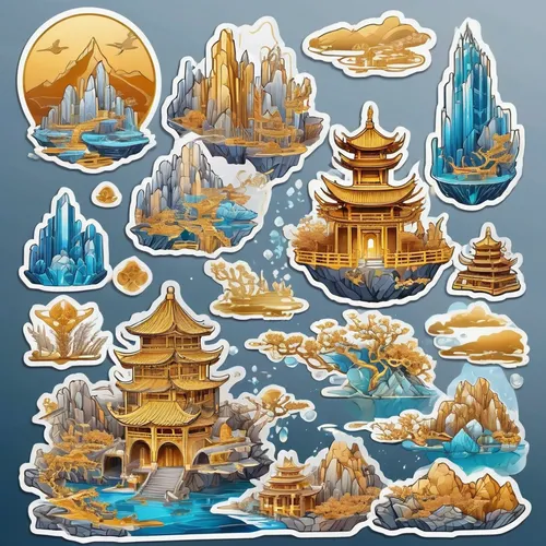 floating islands,chinese icons,ancient city,icon set,ancient buildings,chinese background,mountain world,collected game assets,houses clipart,set of icons,floating island,mushroom island,map icon,artificial islands,mountainous landforms,japanese icons,chinese architecture,islands,clipart sticker,fantasy city,Unique,Design,Sticker